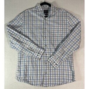 Johnnie-O Top Shelf Shirt Men Medium Button Up Long Sleeve White Blue Gray Plaid